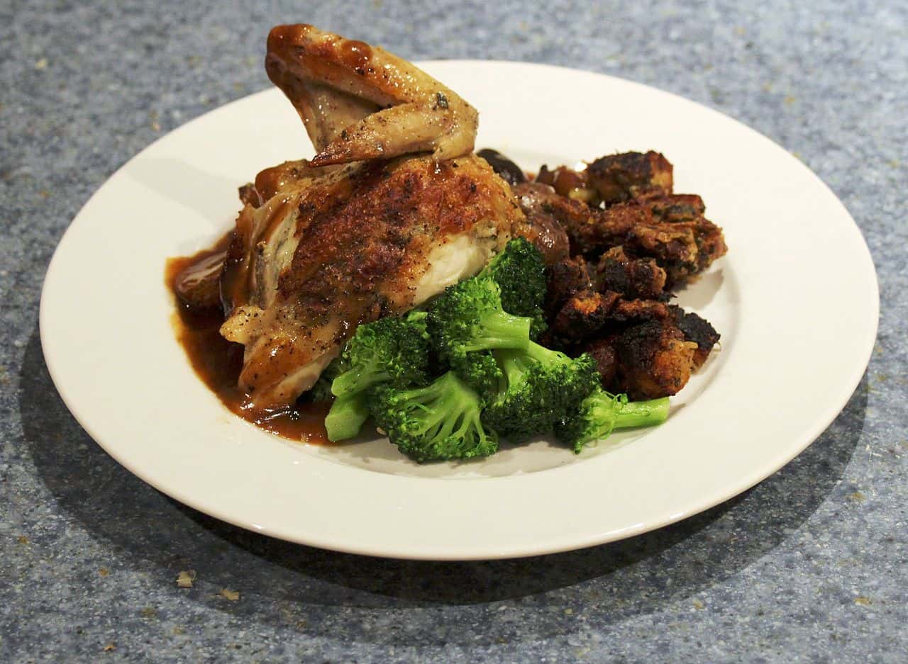 Roasted_Chicken_Dinner_Plate,_Broccoli,_Stuffing,_Potatoes,_Demi_Glace