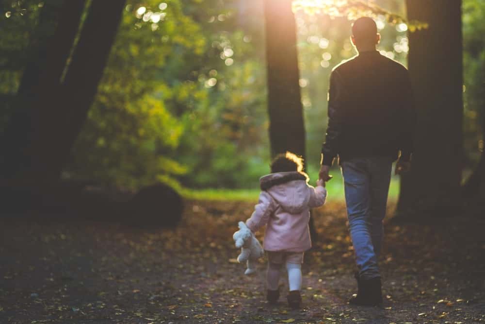 father, daughter, forest, walk