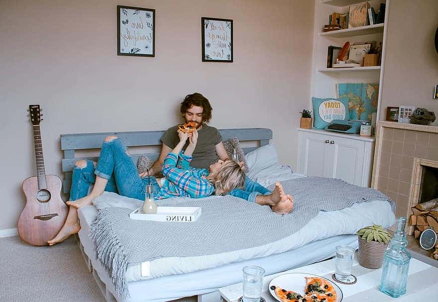 room-bed-indoor-people-couple-man-woman-guitar-food